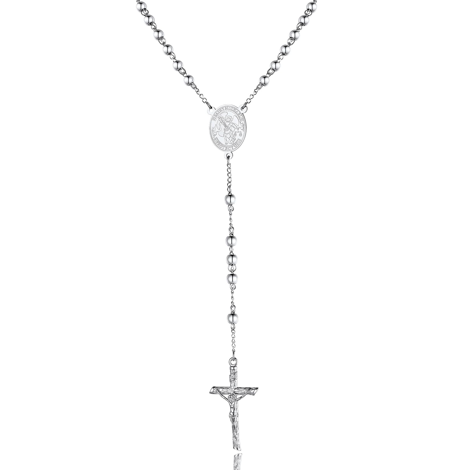 ChainsPro Cross Necklace Rosary Beads Catholic Men Women Saint Michael Medal Silver Chain Stainless Steel Crucifix Prayer Jesus Gift Mens Christian Jewellery