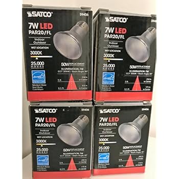 4 Pack Satco S9406 Par20 LED 3000K 40 Feet Beam Spread Medium Base Light Bulb, 7W