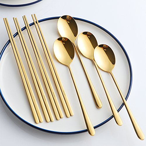 Buyer Star 4 Set Spoon Chopsticks, Gold Reusable Metal Stainless Steel Korean Chopstix Spoon Set