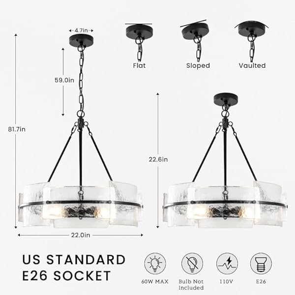 MODERN DINING ROOM CHANDELIER 22” BLACK TEXTURED GLASS CHANDELIER LUXURY DRUM CRYSTAL LIGHT FIXTURE FARMHOUSE ROUND HANGING LIGHTING FOR DINING ROOM KITCHEN ISLAND LIVING ROOM HALLWAY BEDROOM