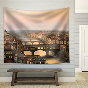 Sunset Over Florence with The River and Ponte Vecchio in Warm Light - Fabric Wall Tapestry Home Decor - 51x60 inches