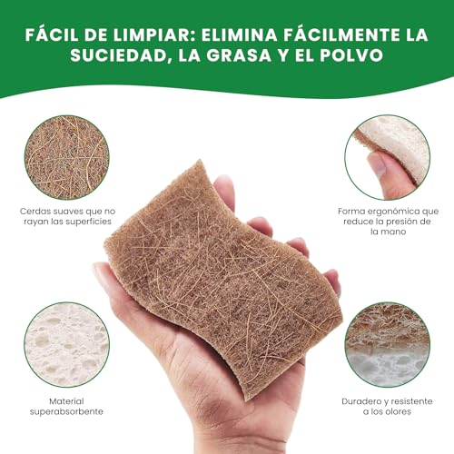 JDF3CISH 12PCS Esponja para Trastes - Fibras para Trastes Naturales, Doble Cara Ecológica, Antirayaduras y Secado Rápido, Ideal para Cocina