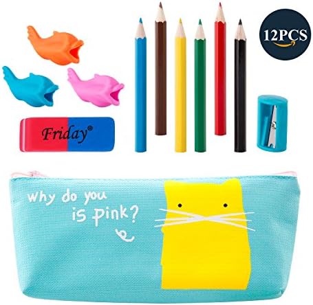 Pen Case/ Colored Pencils / Pencil Grips / Eraser / Pencil Sharpener, Stationery Set 12 PCS for Preschool children , Educational Preschool Learning Writing Kit for Kids Students Kindergarten (12)