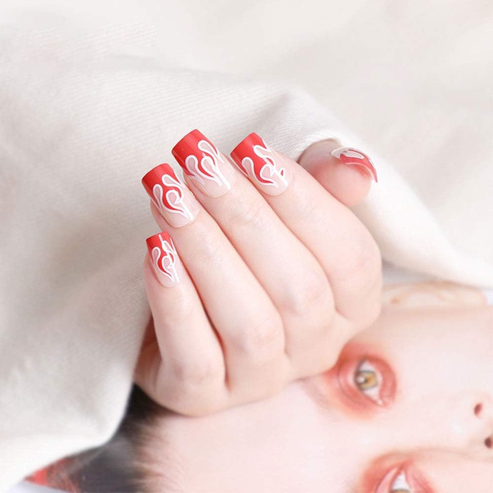 LIARTY 24Pcs Fake Nails Kit Flame Shape Medium Length Square Full Cover False Nails with Design for Women Girls (Red)