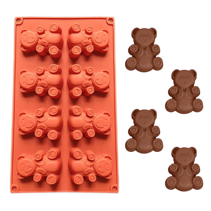 WishesMar Bear Shape Silicone Mould 8 Cavity Fluted Cake Mold Nonstick Baking Bakeware Reusable Silicone Mold for Pastry, Dessert, Soap, Muffin, Bread