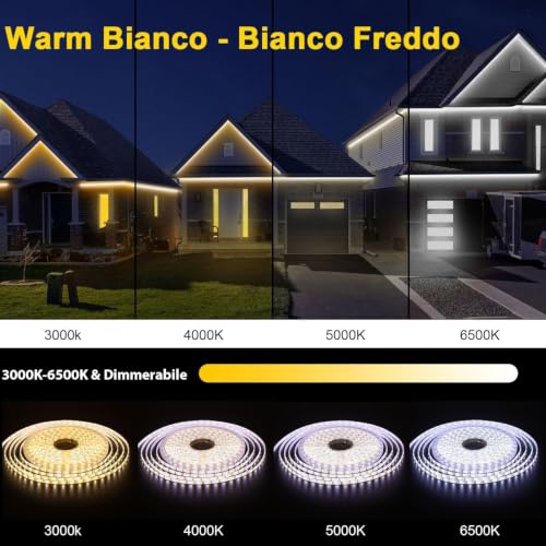 TENDIST 15M Striscia LED Esterno Bianco Freddo a Bianco Caldo Dimmerabile | Luci LED Compatibile con Alexa, Luce LED Senza Filo Smart, 24v Impermeabile Striscia Adesive per Cucina, Giardino