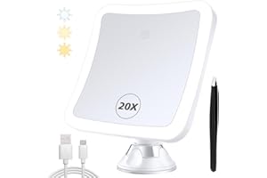 MIYADIVA 20X Magnifying Mirror with Light, Lighted Makeup Mirror with Magnification,360 Rotation Vanity Mirror, Magnifying Mirror Suction Cup, Rechargeable and 3 Color Lights