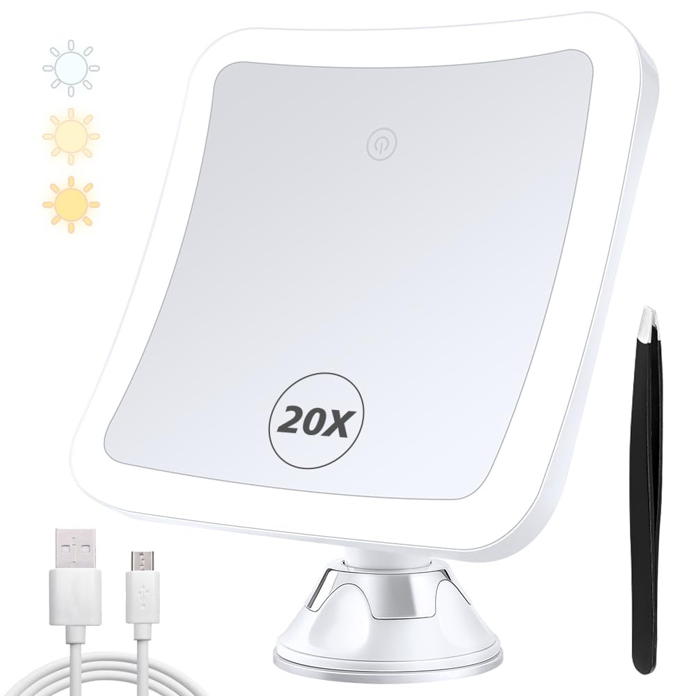 MIYADIVA 20X Magnifying Mirror with Light, Lighted Makeup Mirror with Magnification,180 Rotation Vanity Mirror, Magnifying Mirror Suction Cup, Rechargeable Travel Mirror