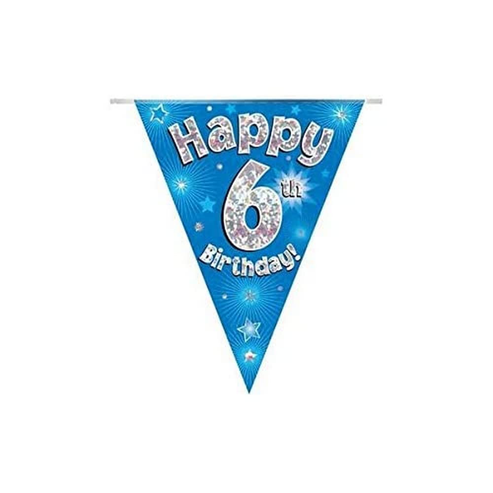 Party Bunting Happy 6th Birthday Blue Holographic 11 flags 3.9m