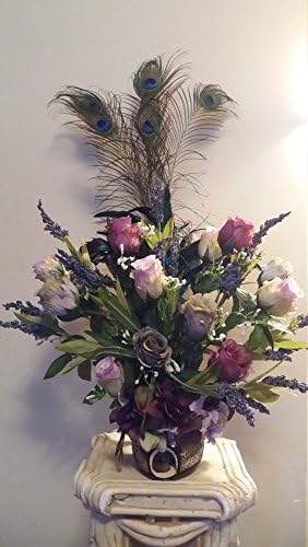 Exotic Artificial Rose Bud Flower Arrangement with Peacock Feathers in a Shoe