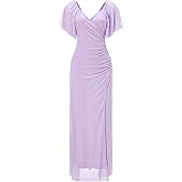 winkbay Women's Elegant Wrap V Neck Maxi Dress Ruched Ruffle Sleeve High Slit Party Wedding Guest Dresses