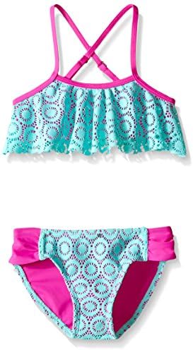 Raisins Girls Little Girls Sweet Sounds Point Loma Flounce Top Bikini, Aqua, 4