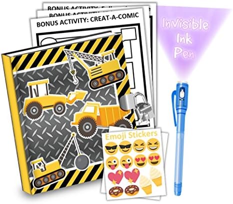 Construction Trucks Kids Diary With Lock Includes 6.5 Inch Diary, Invisible Ink Pen, Stickers, &amp; Bonus Activity Pages