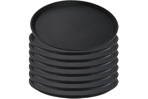 DERKERRY 8 Pcs 14 Inch Black Round Restaurant Serving Tray - Plastic Food Meals Server Tray with Raised Edges Non-Slip Surface for Home Kitchen Restaurant Cafeteria Bar