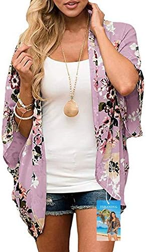 YULOONG Womens Cover Ups Chiffon Floral Print Kimono Loose Shawl Cardigan Boho Summer Casual Blouse Top Sexy Beach Swimwear Capes