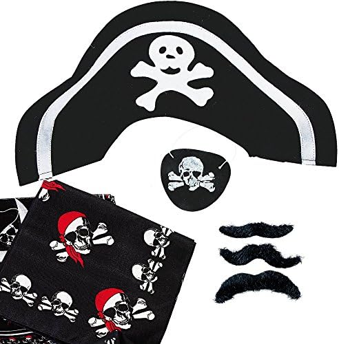 Pirate Accessories; 1 Child Pirate Hats, 1 pack of 3 piece pirate Hairy Mustaches, 1 Pirate Bandanas, and 1 Pirate Eyepatches | Party Dress up Costume
