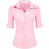 HOTOUCH Womens 3/4 Sleeve Button Down Shirt Slim Fit Work Blouses Cotton Dress Shirts Office Tops