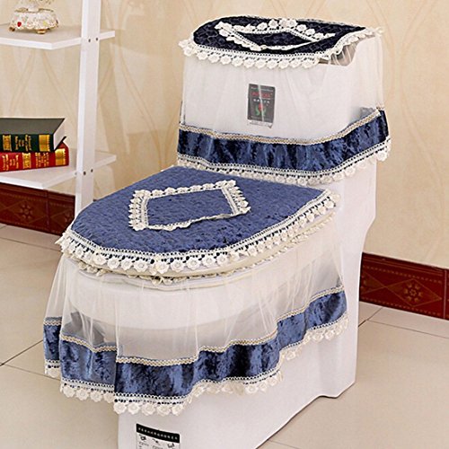 Freahap Toilet Cover Set Lace Bathroom Decor Tank Cover Toilet Lid Cover Toilet Seat Cover Blue - Thumbnail 2