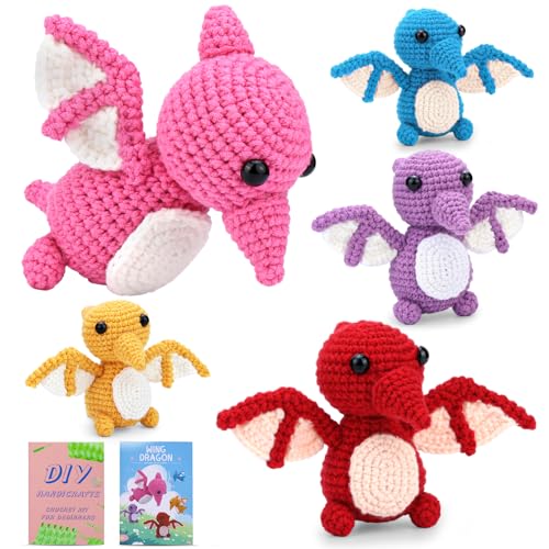 ZMAAGG Crochet Kit for Beginners, Crochet Animal Kit, Crochet Stuffed Animal Kit, Learn to Crochet Kit with Yarn, Step-by-Step Instructions Video, Valentine's Day (5 Colors Dragons)