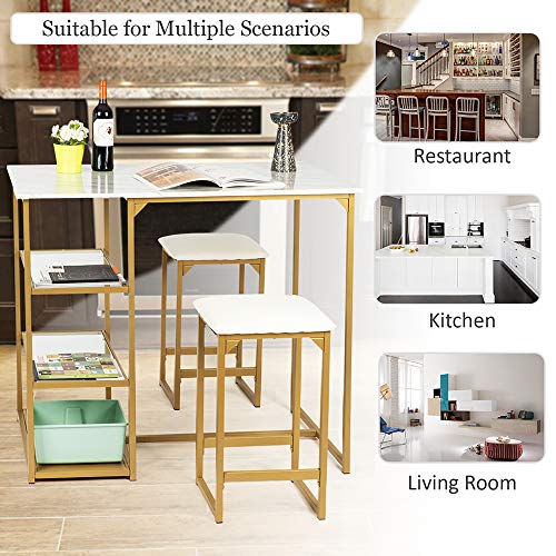 Modern 3 Piece Counter Dining Table Set with 2 Bar Stools and Metal Frame and Shelf Storage,Brass Pub Set with Faux Marble Top