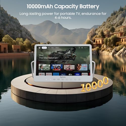 SYLVOX Smart Portable TV, 15.6'' Rechargeable Television 12V 10000mAh Battery Operated TV, IP66 Waterproof, Wireless, Google Assistant, Small Television for Bedroom Bathroom Kitchen Camping