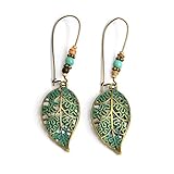 QIHOO Vintage Green bronze Engraving Dangle Hook Earrings for Women and Girls (Leaves)