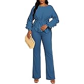 HWP Women 2 Piece Outfits Sets Ruffle Long Sleeve Peplum Top Flared Pants Business Pantsuits Casual Vacation Club Outfits