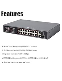 centropower 18 puerto POE interruptor (16 puertos PoE   2 Gigabit Uplink port  1 puerto SFP)   250 W   802.3 af (poe 2018   16e 250 W)