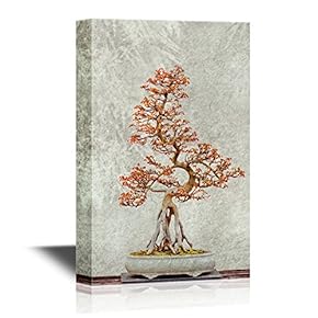 Bonsai Canvas Wall Art - Bonsai Art with Red Leaves - Gallery Wrap Modern Home Art | Ready to Hang - 12x18 inches