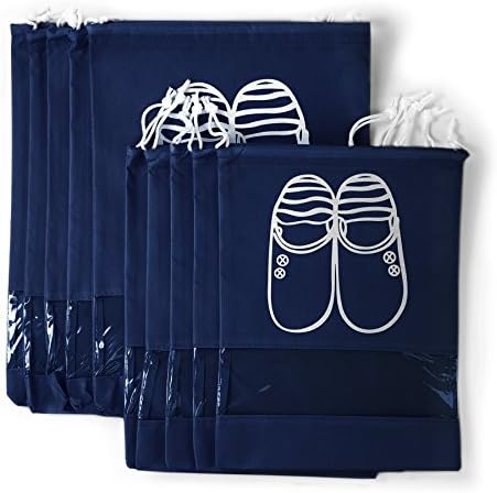 Yoonsic 10 Pcs Non-woven Drawstring Shoe Travel/Storage Bag with Clear View Window for Trip and luggage/seasonal Packing-with bonus self-sealing bag (navy)