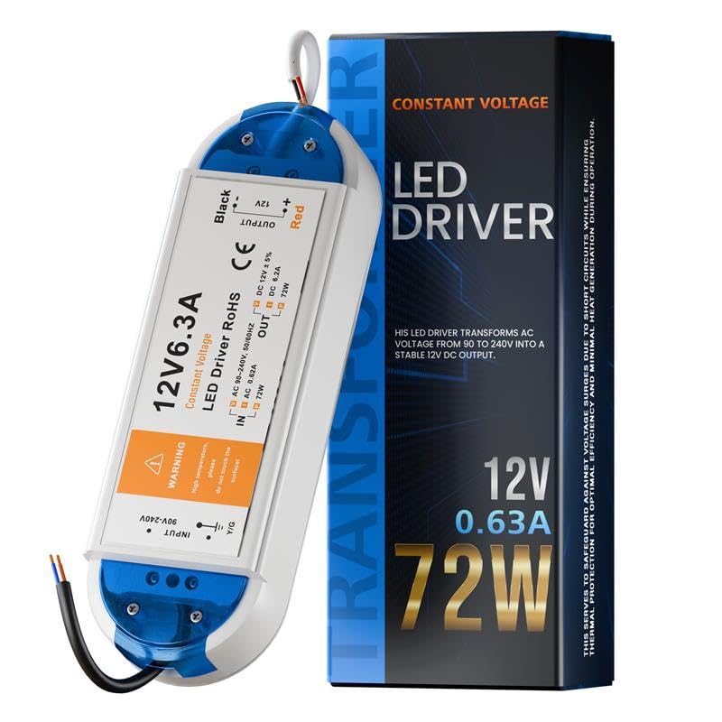 12V LED Driver 72W 6.3A, Power Supply Unit, 240V AC to 12V DC Transformer, Constant Voltage Driver Adapter, Low Voltage Transformers for DIY Light Strips, LED Bulbs and Ring Doorbell (DC 12V 72W 6.3A)