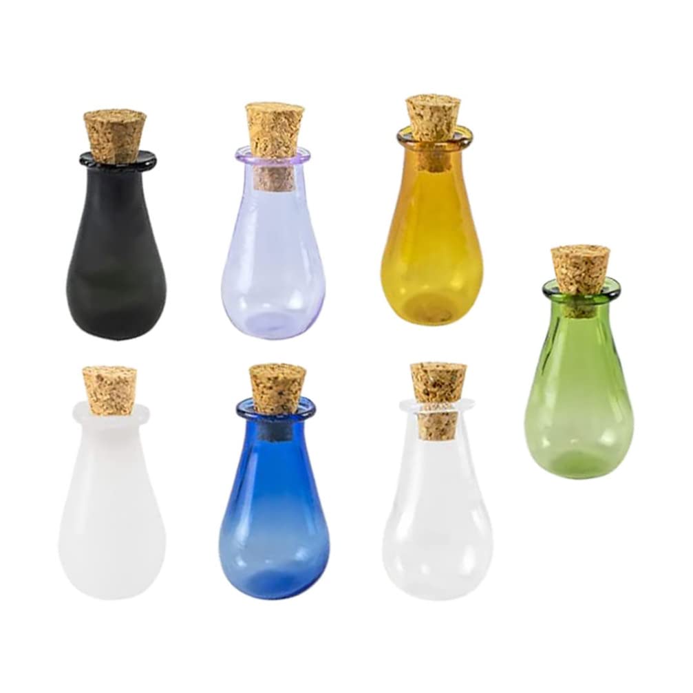 Milisten 7pcs Colored Tiny Glass Jars Mix Colored Miniature Flask Glass Bottles Empty Vials Jars with Cork Stopper for Dollhouse Decoration DIY Crafts