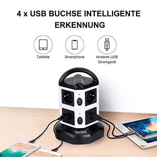 bedee Steckdosenleiste, Vertikale Mehrfachsteckdose, 6 Fach Steckdosenturm mit 4 USB Ladeanschlüsse Überspannungsschutz Steckdose, Tragbar Steckdosen mit Schalter 6,6ft Kabel für TV/PC/Laptops/iPhone
