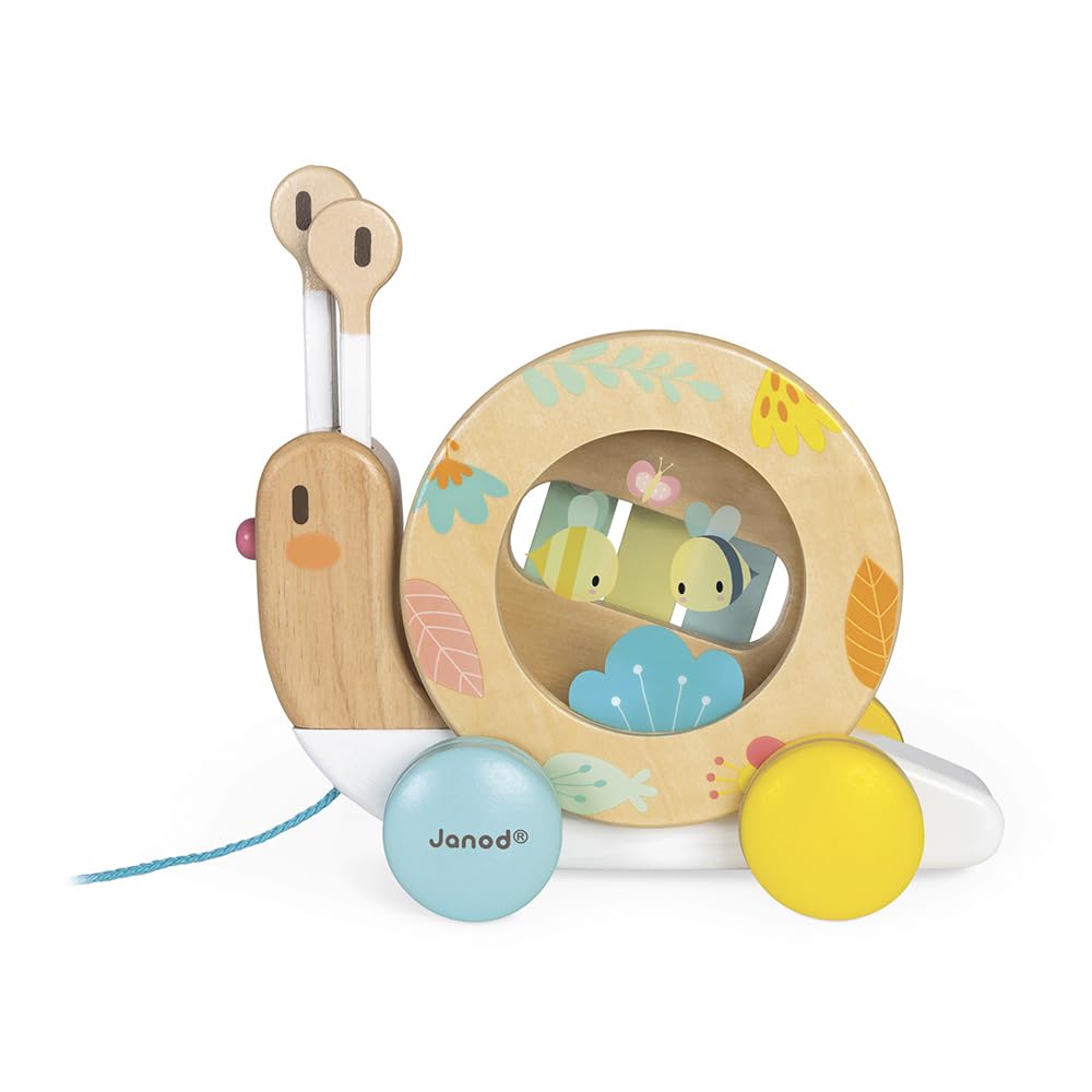 Janod - Wooden Pure Pull-Along Snail - Wooden Toy with Xylophone and Tambourine - Water Based Paint - Educational Musical Early Learning Toy - from 1 Year Old, J05159