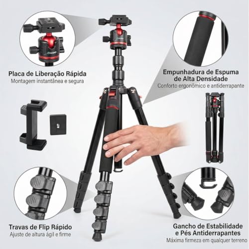 Tripé para câmera de 2 metros, equipado com cabeça esférica de 360°, com capacidade para 5 kg, inclui suporte para celular; tripé leve para viagens e atividades ao ar livre