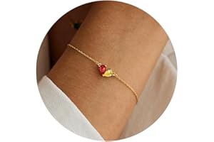 RLMOON Christmas Gifts Stocking Stuffers for Teen Gold Bracelets for Women Dainty 2 Birthstones Heart Charm Bracelet Non Tarnish 14K Gold Plated Red CZ Bracelets for Bridesmaid Mother and Daughter Anniversary Birthday Gift