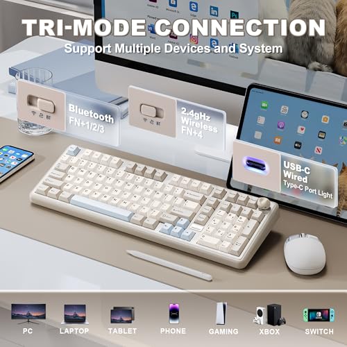 YUNZII B98 PRO QMK/VIA Wireless Mechanical Gaming Keyboard, 96% Layout with Numpad and Cute Cat Knob, BT/2.4G/USB-C, Hot Swap Custom Gasket Keyboard, RGB for Win/Mac (Beige, Candy Linear Switch)