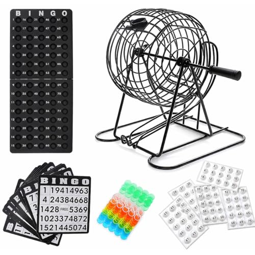 Jogo De Bingo Completo 75 Bolas Globo Giratório Metal Com 18 Cartelas Reutilizáveis E Marcadores