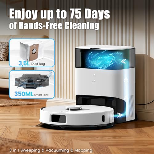 FIXR T30+ Self Emptying Robot Vacuum & Mop Combo with 12,000Pa, Robotic Vacuums Cleaner for Pet Hair, No-Collision Obstacle Avoidance, 75-Day Capacity, Carpet Detection, Anti-Tangle, 240-Min Runtime