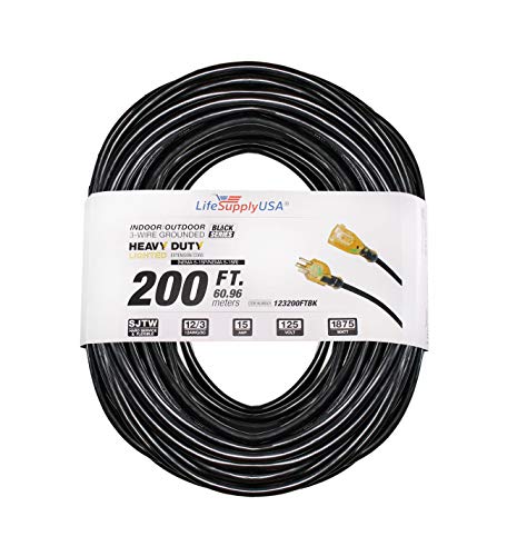 Photo 1 of LifeSupplyUSA 12/3 200ft SJTW 15 Amp 125 Volt 1875 Watt 3 Prong Lighted End Indoor/Outdoor Black Heavy Duty Extension Cord (200 Feet)