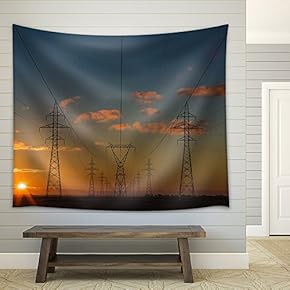 Beautiful Silhouette of Electricity Towers During Sunset - Fabric Wall Tapestry Home Decor - 51x60 inches