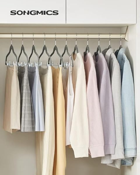 SONGMICS 30 PACK PANTS HANGERS, 16.7 INCHES LONG VELVET TROUSERS HANGERS WITH ADJUSTABLE CLIPS, HEAVY-DUTY, NON-SLIP, SPACE-SAVING FOR PANTS, SKIRTS, COATS, DRESSES, TANK TOPS, GRAY UCRF12V30