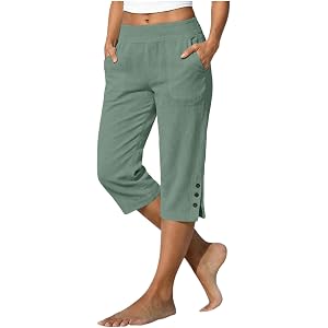 Capri Pants for Women Elastic Waist Relaxed Fit Casual Soft Cotton Linen Pants with Pockets Summer Outdoor Athletic Hiking