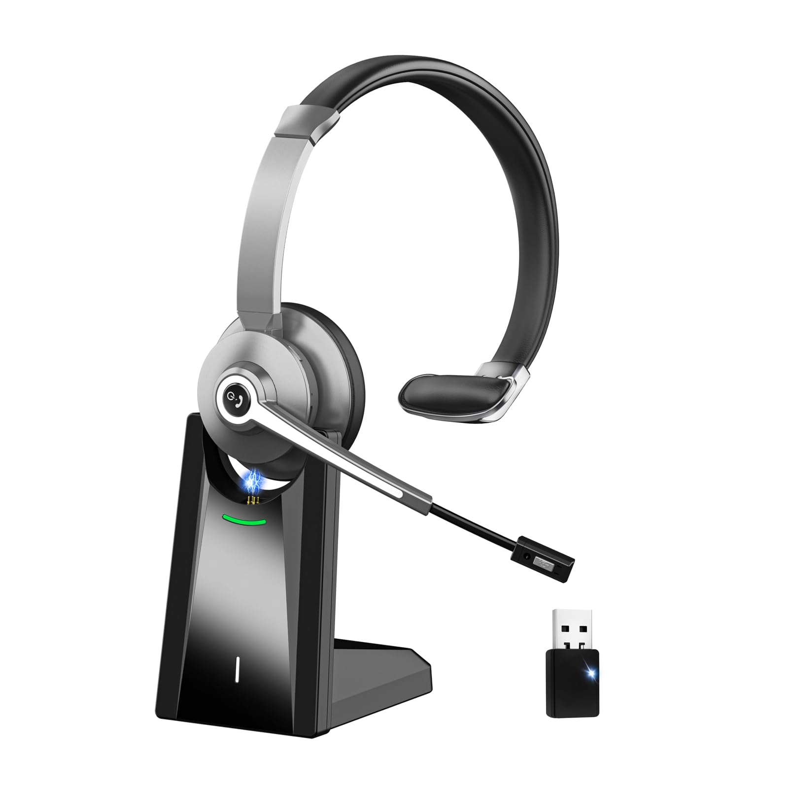Bluetooth Headphones, Wireless Headset with Microphone Noise Canceling & USB Dongle, On Ear Headphones with Charging Dock, PC Headset with Mute Button for Cell Phone/Meeting/Call Center/Office