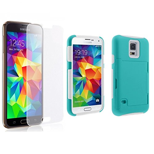 Galaxy s5 Case, Galaxy s5 Wallet Case, Shatterproof Dual Layer Armor Hybrid Protective Shock Absorbing Hard Plastic with Silicone Wallet Credit Card Stand Case with Screen Protector [TEAL/WHITE]