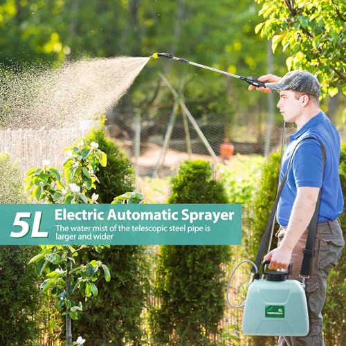 Uniiking® 1.35 Gallon/5L Battery Powered Electric Sprayer with USB Rechargeable Handle, Portable Garden Sprayer with 23.6" Telescopic Wand, 3 Mist Nozzles and Adjustable Shoulder Strap