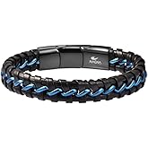 Magna Steel Men's Braided Genuine Leather Wristband Cuff Bracelet