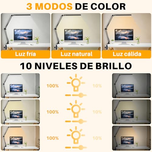 Salandens Lampara de Escritorio, Lampara de Mesa Con Brazo Flexible de 360°, Lampara Led Con 3 Luces Regulables, Blanca, Cálida y Blanca Cálida