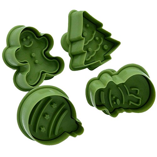 Christmas Themed Cookie Cutter Set By Garloy(4 Pack),Cute Cookies Cake Topper Sugar Craft Chocolate Decorating Plunger Cutter Mold,Spring-loaded Handle, Food Safe Plastic(Colors May Vary)