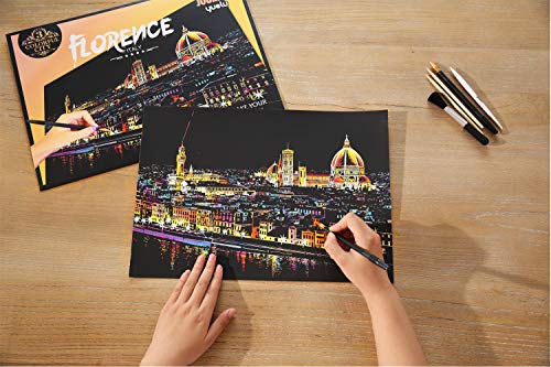 Scratch & Sketch Art Paper for Adults & Kids, Scratch Paper Rainbow Painting Sketch Pads DIY Art Craft Night View Scratchboard with Clean Brush,Scratch Coloring Pen,16 X 11.2 Inches (Florence)